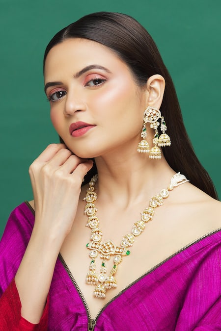 Buy_Moh-Maya By Disha Khatri_Gold Plated Diamonds, Pearls, Stones Kundan Embellished Long Necklace Set _Online_at_Aza_Fashions