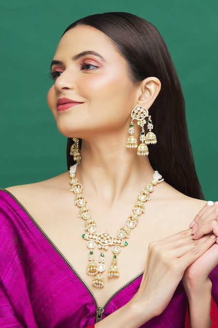Moh-Maya By Disha Khatri_Gold Plated Diamonds, Pearls, Stones Kundan Embellished Long Necklace Set _at_Aza_Fashions