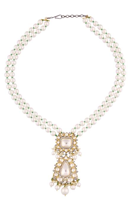 Moh-Maya By Disha Khatri_Gold Plated Diamonds, Pearls Embellished Long Necklace Set _at_Aza_Fashions