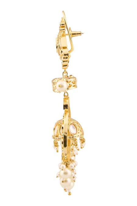 Moh-Maya By Disha Khatri_Gold Plated Fabric Flowers, Diamonds, Pearls Kundan Embellished Dangler Earrings _at_Aza_Fashions