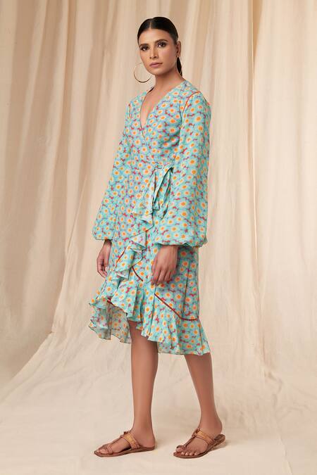 Masaba_Red Natural Crepe Sunshine Daisies V Neck Print Wrap Dress_Online_at_Aza_Fashions