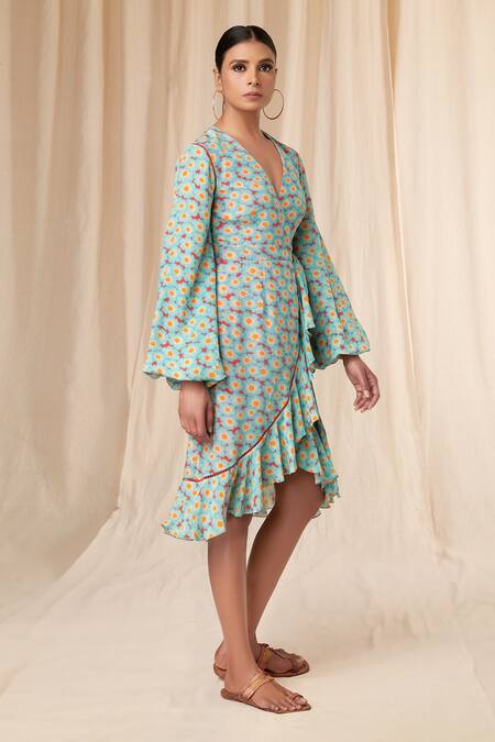 Buy_Masaba_Red Natural Crepe Sunshine Daisies V Neck Print Wrap Dress_Online_at_Aza_Fashions