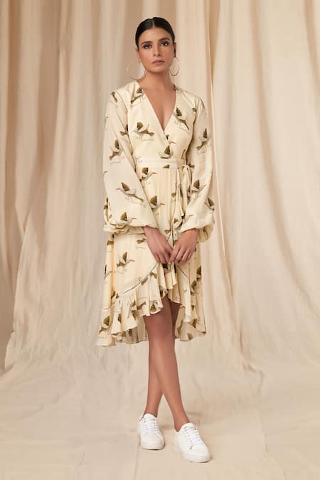 Masaba_Ivory Crepe V-neck Finch Print Wrap Dress _Online_at_Aza_Fashions
