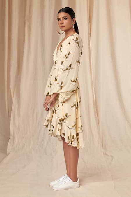 Buy_Masaba_Ivory Crepe V-neck Finch Print Wrap Dress _Online_at_Aza_Fashions