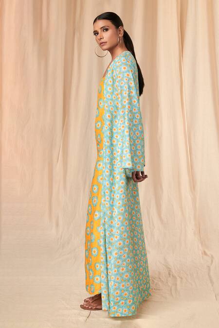 Masaba_Yellow Dress Bemberg Linen Print Crazy Daisy Square Cover Up With _Online_at_Aza_Fashions