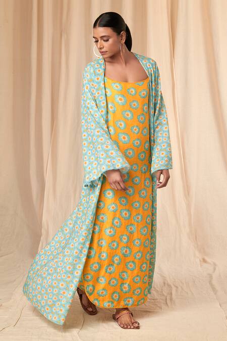 Buy_Masaba_Yellow Dress Bemberg Linen Print Crazy Daisy Square Cover Up With _Online_at_Aza_Fashions
