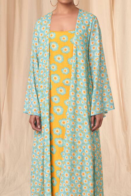 Shop_Masaba_Yellow Dress Bemberg Linen Print Crazy Daisy Square Cover Up With _Online_at_Aza_Fashions