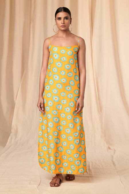 Masaba_Yellow Bemberg Linen Print Crazy Daisy Square Neck Slip Dress _Online_at_Aza_Fashions