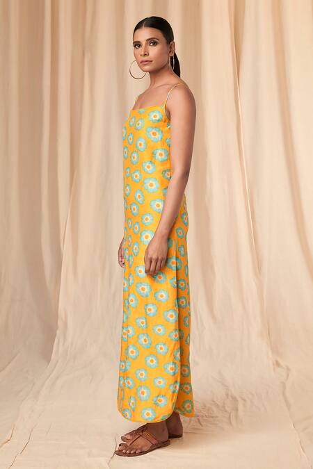 Buy_Masaba_Yellow Bemberg Linen Print Crazy Daisy Square Neck Slip Dress _Online_at_Aza_Fashions