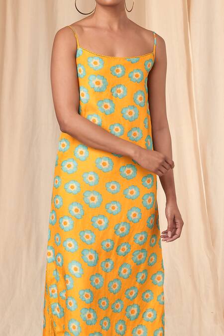 Shop_Masaba_Yellow Bemberg Linen Print Crazy Daisy Square Neck Slip Dress _Online_at_Aza_Fashions