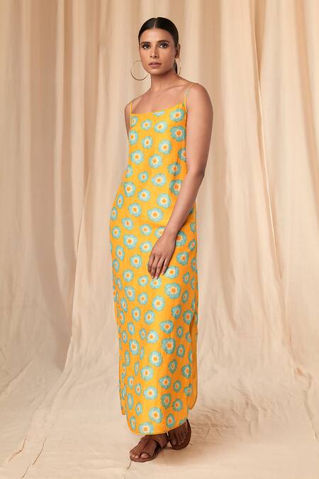 Masaba_Yellow Bemberg Linen Print Crazy Daisy Square Neck Slip Dress _at_Aza_Fashions