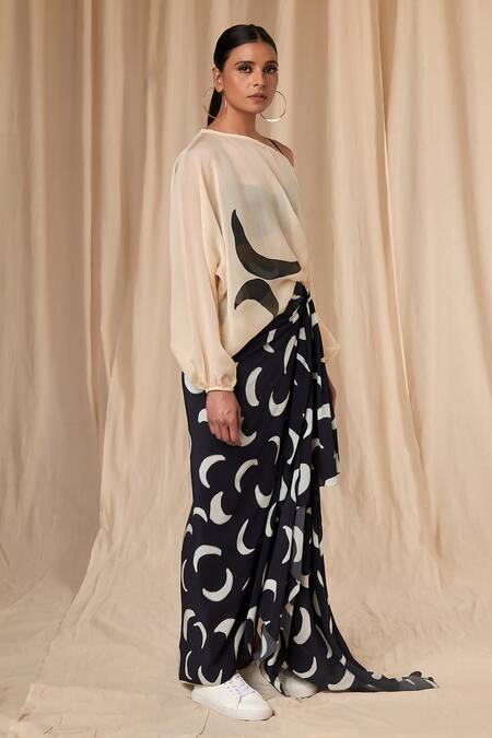 Buy_Masaba_Ivory Organza Print Mooncrest Asymmetric Neck Poncho And Drape Skirt Set _Online_at_Aza_Fashions