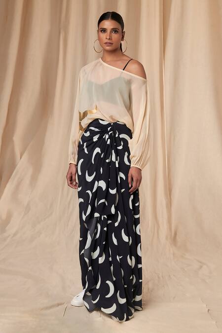 Masaba Ivory Organza Print Mooncrest Contrast Poncho Drape Skirt Set