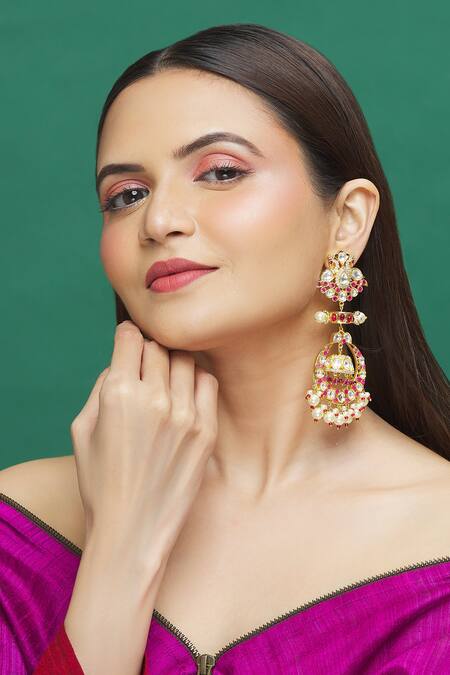 Shop_Moh-Maya By Disha Khatri_Gold Plated Stones, Pearls, Diamonds Drop Dangler Earrings _Online_at_Aza_Fashions