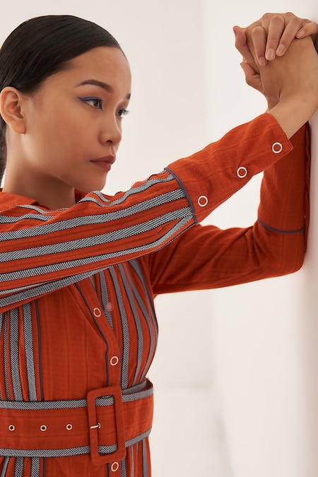 Cross A Line_Orange Jacquard, Linen Collared Ema Striped Pattern Shirt Dress _Online_at_Aza_Fashions