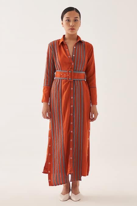 Shop_Cross A Line_Orange Jacquard, Linen Collared Ema Striped Pattern Shirt Dress _Online_at_Aza_Fashions