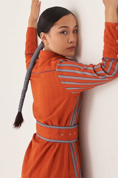Cross A Line_Orange Jacquard, Linen Collared Ema Striped Pattern Shirt Dress _at_Aza_Fashions