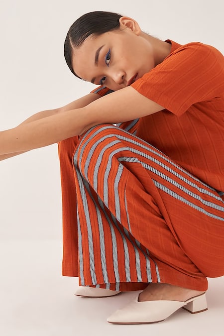 Cross A Line_Orange Jacquard, Linen Bandeau Neck Kale Striped Pattern Shirt And Trouser Set _Online_at_Aza_Fashions