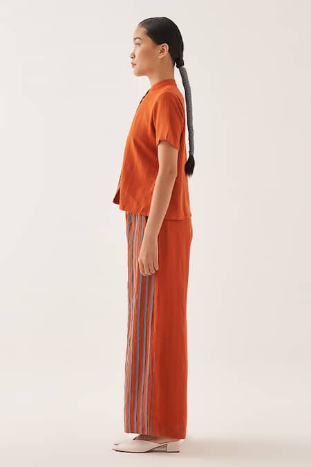 Buy_Cross A Line_Orange Jacquard, Linen Bandeau Neck Kale Striped Pattern Shirt And Trouser Set _Online_at_Aza_Fashions