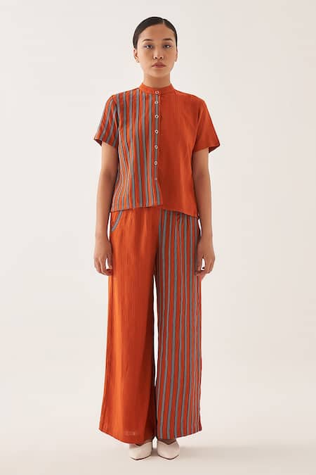 Shop_Cross A Line_Orange Jacquard, Linen Bandeau Neck Kale Striped Pattern Shirt And Trouser Set _Online_at_Aza_Fashions