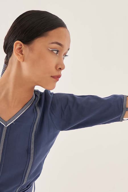 Buy_Cross A Line_Blue Cotton, Linen V-neck Maze Kurta And Trouser Set _Online_at_Aza_Fashions