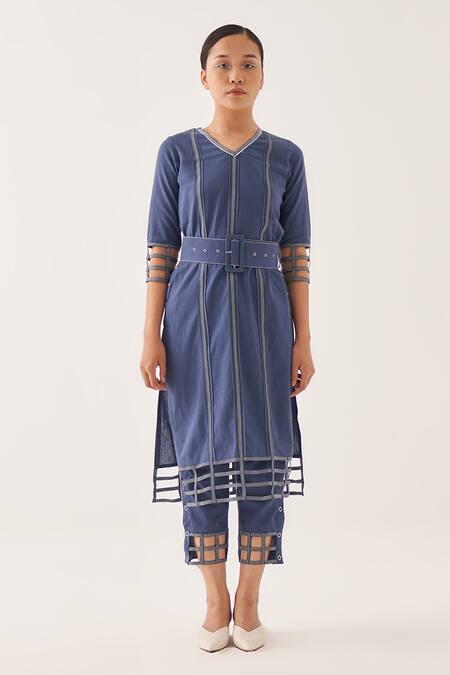 Shop_Cross A Line_Blue Cotton, Linen V-neck Maze Kurta And Trouser Set _Online_at_Aza_Fashions