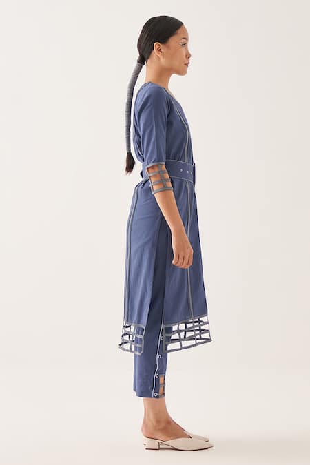 Cross A Line_Blue Cotton, Linen V-neck Maze Kurta And Trouser Set _at_Aza_Fashions