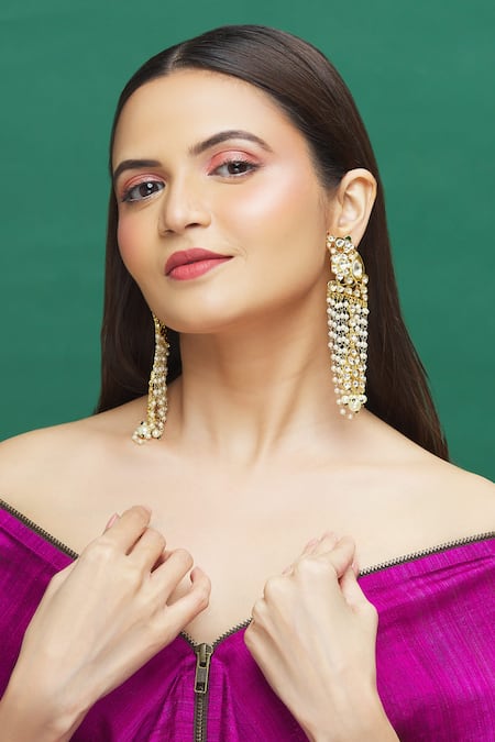 Buy_Moh-Maya By Disha Khatri_Gold Plated Diamonds, Pearls Bead Chain Dangler Earrings _Online_at_Aza_Fashions