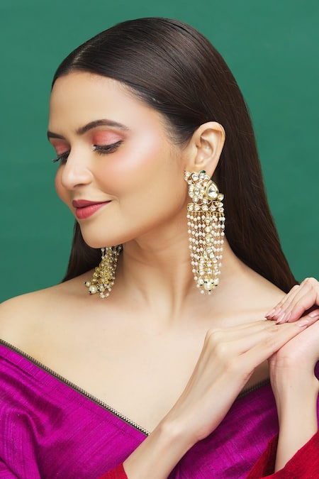 Moh-Maya By Disha Khatri_Gold Plated Diamonds, Pearls Bead Chain Dangler Earrings _at_Aza_Fashions