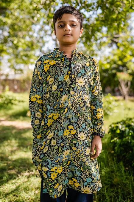 Shop_Baise Gaba_Multi Color Cotton Embroidery Amias Floral Print Kurta And Salwar Set_Online_at_Aza_Fashions