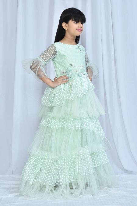 Shop_Samyukta Singhania_Green Net Embroidered Stones Pearl Gown_Online_at_Aza_Fashions