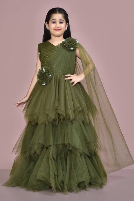 Petite Pomme_Green Net Sequins, Fabric Flowers Embroidered Gown_Online_at_Aza_Fashions