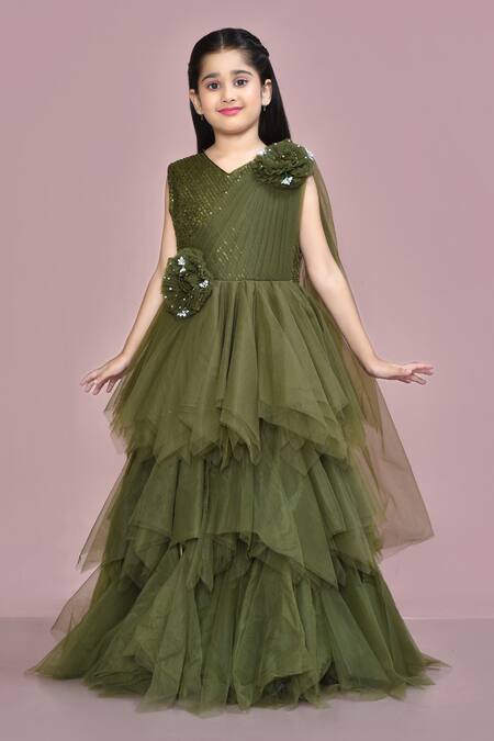 Buy_Petite Pomme_Green Net Sequins, Fabric Flowers Embroidered Gown_Online_at_Aza_Fashions