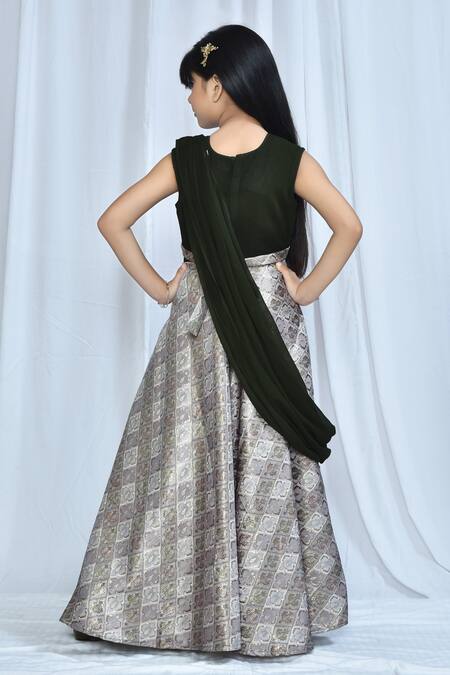 Shop Petite Pomme Green Georgette, Jacquard Embroidery Floral Woven Draped Gown at Aza Fashions Shop_Petite Pomme_Green Georgette, Jacquard Embroidery Floral Woven Draped Gown_at_Aza_Fashions