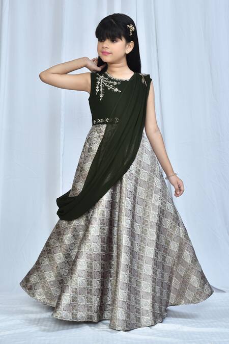 Petite Pomme Green Georgette, Jacquard Embroidery Floral Woven Draped Gown Online at Aza Fashions Petite Pomme_Green Georgette, Jacquard Embroidery Floral Woven Draped Gown_Online_at_Aza_Fashions