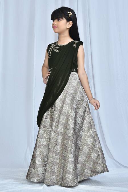 Buy Petite Pomme Green Georgette, Jacquard Embroidery Floral Woven Draped Gown Online at Aza Fashions Buy_Petite Pomme_Green Georgette, Jacquard Embroidery Floral Woven Draped Gown_Online_at_Aza_Fashions