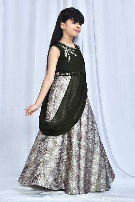 Shop Petite Pomme Green Georgette, Jacquard Embroidery Floral Woven Draped Gown Online at Aza Fashions Shop_Petite Pomme_Green Georgette, Jacquard Embroidery Floral Woven Draped Gown_Online_at_Aza_Fashions