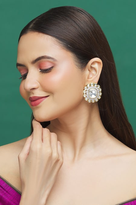 Shop_Moh-Maya by Disha Khatri_Gold Plated Diamonds, Stones Embellished Studs _Online_at_Aza_Fashions