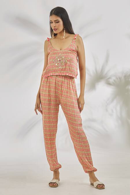 Gopi Vaid_Pink Satin Tassels, Embroidery Round Neck Nia Geometric Print Jumpsuit_Online_at_Aza_Fashions