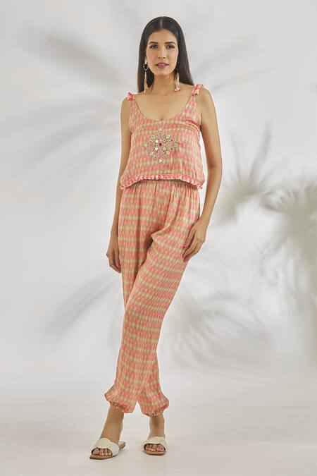 Buy_Gopi Vaid_Pink Satin Tassels, Embroidery Round Neck Nia Geometric Print Jumpsuit_Online_at_Aza_Fashions