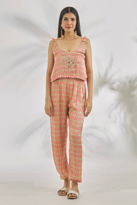 Gopi Vaid_Pink Satin Tassels, Embroidery Round Neck Nia Geometric Print Jumpsuit_at_Aza_Fashions