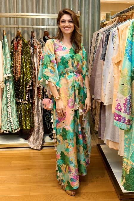 PS Pret By Payal Singhal_Peach Silkmul Kuno Print V Neck Kaftan _Online_at_Aza_Fashions