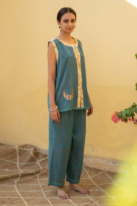 Priyanka Raajiv_Blue Cotton Sequins Round Neck Aadi Organic Woven Top And Pant Set _Online_at_Aza_Fashions