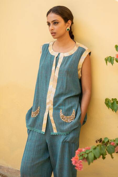 Buy_Priyanka Raajiv_Blue Cotton Sequins Round Neck Aadi Organic Woven Top And Pant Set _Online_at_Aza_Fashions