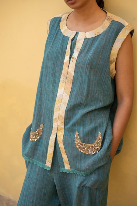 Shop_Priyanka Raajiv_Blue Cotton Sequins Round Neck Aadi Organic Woven Top And Pant Set _Online_at_Aza_Fashions