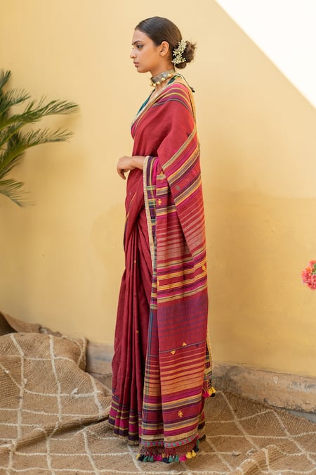 Priyanka Raajiv_Red Cotton Aava Organic Saree With Ish Running Blouse _Online_at_Aza_Fashions