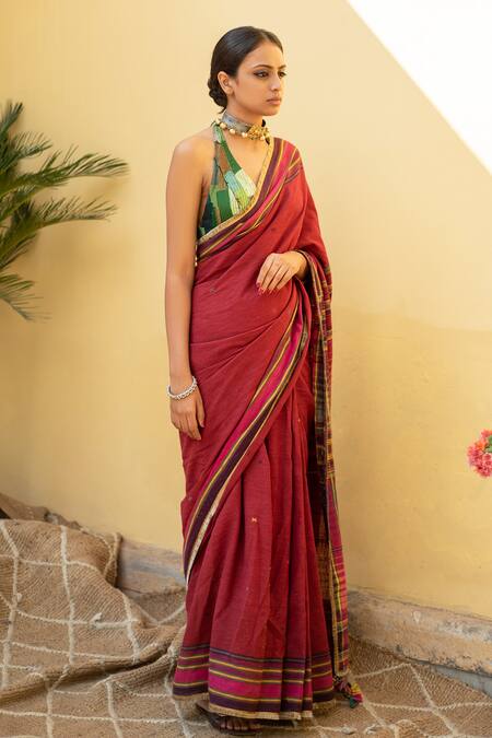 Buy_Priyanka Raajiv_Red Cotton Aava Organic Saree With Ish Running Blouse _Online_at_Aza_Fashions