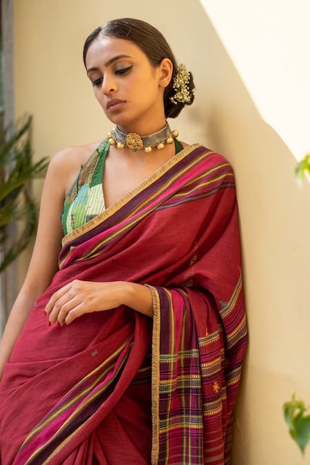 Shop_Priyanka Raajiv_Red Cotton Aava Organic Saree With Ish Running Blouse _Online_at_Aza_Fashions