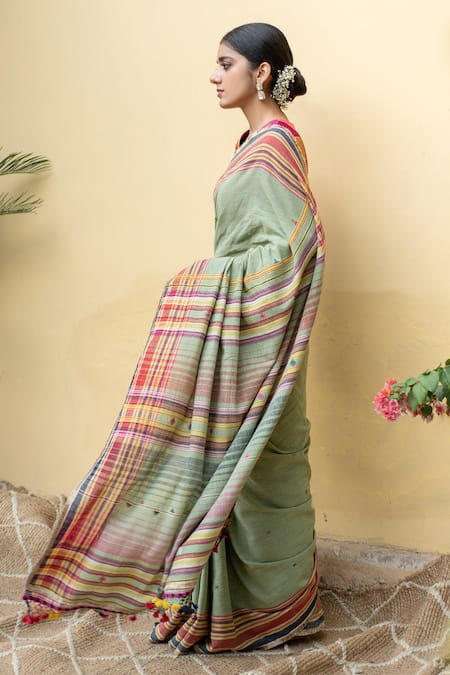 Buy_Priyanka Raajiv_Green Cotton Aava Organic Saree With Arnit Running Blouse _Online_at_Aza_Fashions