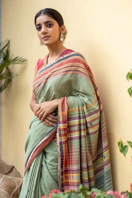 Shop_Priyanka Raajiv_Green Cotton Aava Organic Saree With Arnit Running Blouse _Online_at_Aza_Fashions